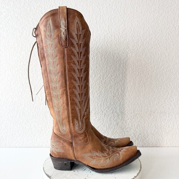 Lane LEXINGTON Knee High Womens Cowboy Boots 7.5 Brown Western Cowgirl Lace Up - Picture 2 of 11
